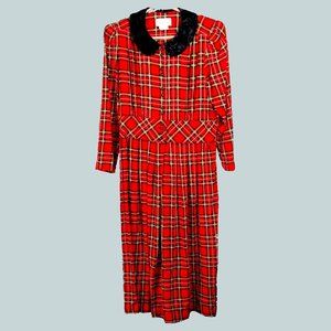 Miss Darby full length red plaid dress faux fur collar